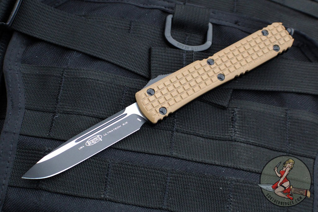 Microtech Ultratech OTF Knife- Single Edge- Frag Pattern Tan G-10 Top ...