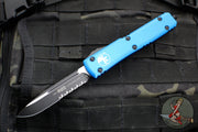Microtech Ultratech OTF Knife- Single Edge- Blue Handle- Black Part Serrated Blade 121-2 BL