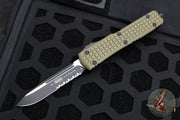 Microtech Ultratech OTF Knife- Single Edge- Frag Pattern OD Green G-10 Top- Black Part Serrated Edge Blade 121-2 FRGTODS