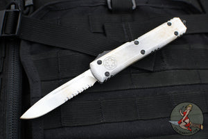 Microtech Sand Trooper Ultratech OTF Knife- Single Edge- Distressed White Handle- Distressed White Part Serrated Edge Blade 121-2 SAD