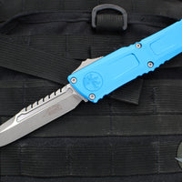 Microtech Combat Troodon Gen III OTF Knife- Interceptor Edge- Blue Handle- Apocalyptic Finished Blade 1217-10 APBLS