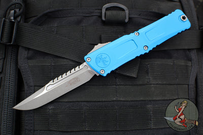 Microtech Combat Troodon Gen III OTF Knife- Interceptor Edge- Blue Handle- Apocalyptic Finished Blade 1217-10 APBLS