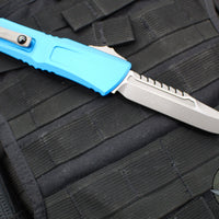 Microtech Combat Troodon Gen III OTF Knife- Interceptor Edge- Blue Handle- Apocalyptic Finished Blade 1217-10 APBLS