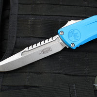 Microtech Combat Troodon Gen III OTF Knife- Interceptor Edge- Blue Handle- Stonewash Blade 1217-10 BLS Gen III