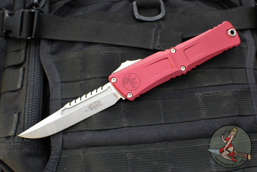 Microtech Combat Troodon Gen III OTF Knife- Interceptor Edge- Merlot Red Handle- Stonewash Blade 1217-10 MRS Gen III