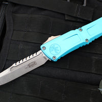 Microtech Combat Troodon Gen III OTF Knife- Interceptor Edge- Turquoise Handle- Stonewash Blade 1217-10 TQS Gen III