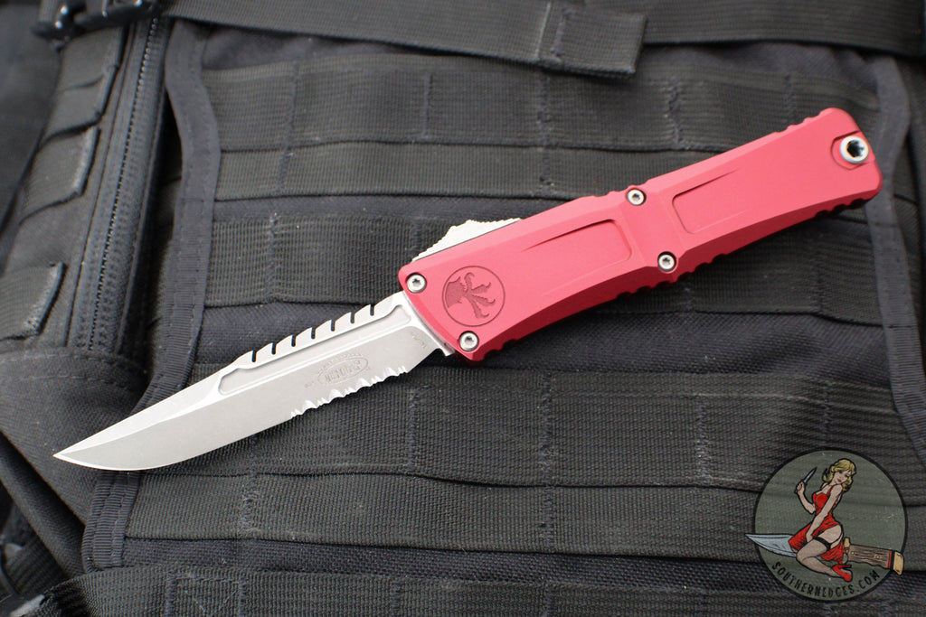 Microtech Combat Troodon Gen III OTF Knife- Interceptor Edge- Merlot Red Handle- Apocalyptic Part Serrated Blade 1217-11 MRS