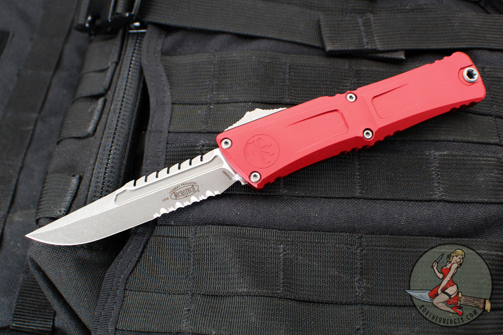 Microtech Combat Troodon Gen III OTF Knife- Interceptor Edge- Red Handle- Apocalyptic Part Serrated Blade 1217-11 APRDS