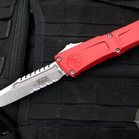 Microtech Combat Troodon Gen III OTF Knife- Interceptor Edge- Red Handle- Stonewash Part Serrated Blade 1217-11 RDS