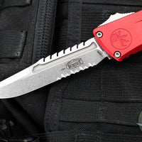 Microtech Combat Troodon Gen III OTF Knife- Interceptor Edge- Red Handle- Stonewash Part Serrated Blade 1217-11 RDS