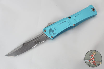 Microtech Combat Troodon Gen III OTF Knife- Interceptor Edge- Turquoise Handle- Stonewash Part Serrated Blade 1217-11 TQS