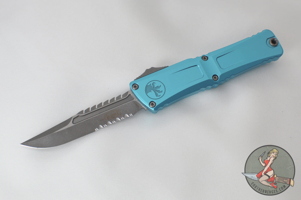 Microtech Combat Troodon Gen III OTF Knife- Interceptor Edge- Turquoise Handle- Apocalyptic Part Serrated Blade 1217-11 APTQS