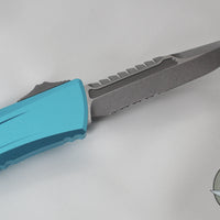 Microtech Combat Troodon Gen III OTF Knife- Interceptor Edge- Turquoise Handle- Apocalyptic Part Serrated Blade 1217-11 APTQS