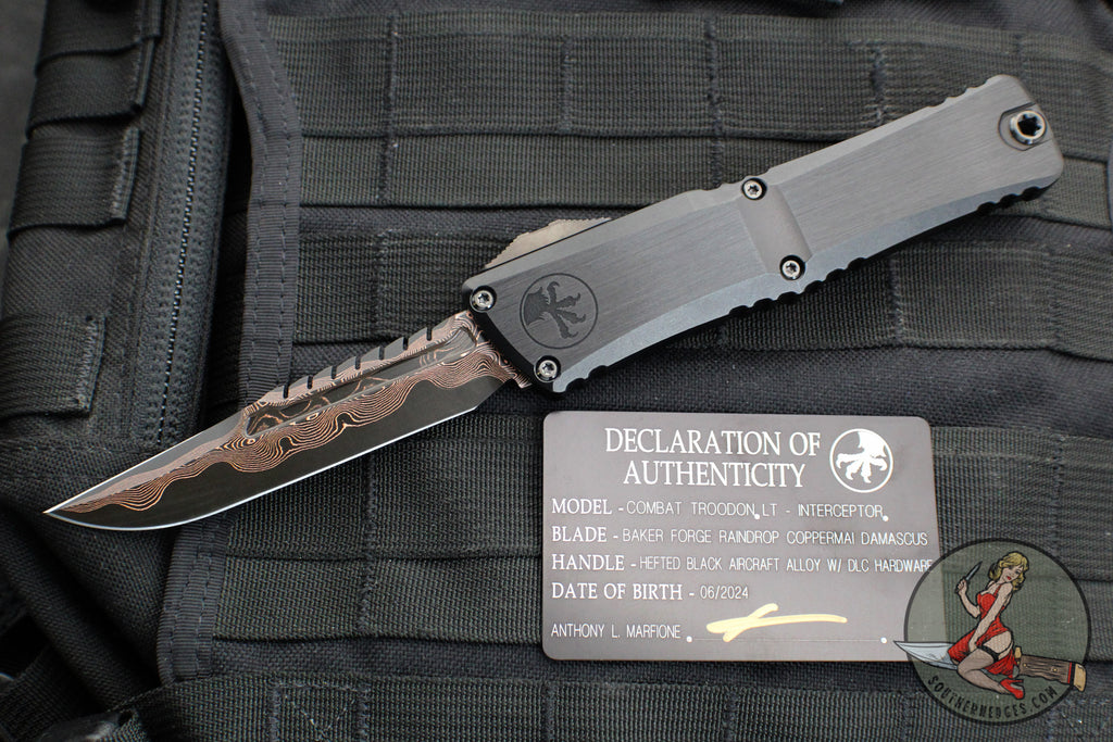 Microtech Combat Troodon Gen III OTF Knife- Interceptor Edge- Black Hefted Handle- Baker Forge Raindrop Coppermai Damascus- DLC HW 1217-16 MS1 v2