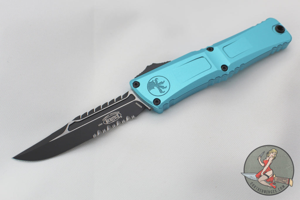 Microtech Combat Troodon Gen III OTF Knife- Interceptor Edge- Turquoise Handle- Black Part Serrated Blade 1217-2 TQS