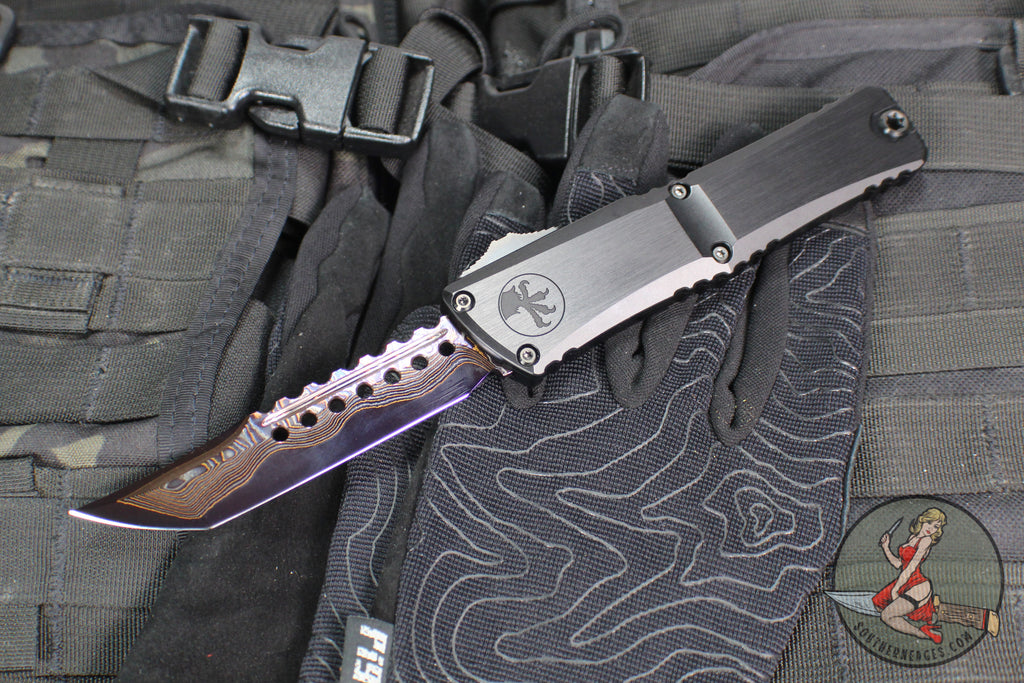 Microtech Combat Troodon Gen III OTF Knife- Hellhound Edge- Black Handle- Baker Forge Blued Damascus- 1219-16 MS3