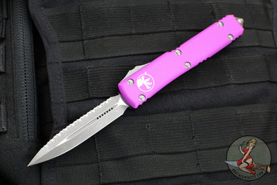 Microtech Ultratech OTF Knife- Double Edge- Violet Handle- Apocalyptic Full Serrated Blade 122-12 APVI