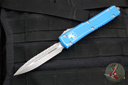 Microtech Ultratech OTF Knife- Double Edge- Distressed Blue- Apocalyptic Full Serrated Blade 122-12 DBL