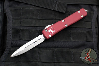 Microtech Ultratech OTF Knife- Double Edge- Merlot Red Handle with Full Serrated Stonewash Blade 122-12 MR