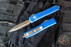 Microtech Ultratech OTF Knife- Double Edge- Blue Handle- Bronzed Apocalyptic Blade and Hardware 122-13 APBL