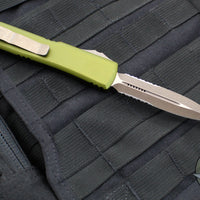 Microtech Ultratech OTF Knife- Double Edge- OD Green Handle- Bronzed Apocalyptic Part Serrated Blade and Hardware 122-14 APOD