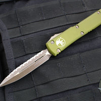 Microtech Ultratech OTF Knife- Double Edge- OD Green Handle- Bronzed Apocalyptic Full Serrated Blade and Hardware 122-15 APOD