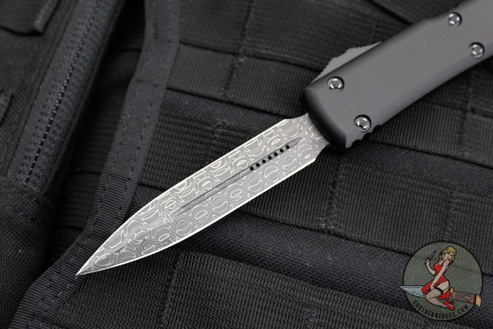 Microtech Ultratech OTF Knife Double Edge Black Handle Damascus Bla
