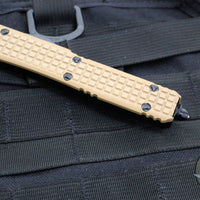 Microtech Ultratech OTF Knife- Double Edge- Frag Pattern Tan G-10 Top- Black Plain Edge Blade 122-1 FRGTTAS