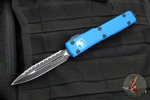Microtech Ultratech OTF Knife- Double Edge- Blue Handle- Black Full Serrated Blade 122-3 BL