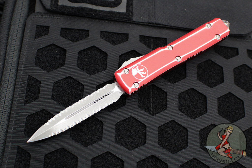 Microtech Ultratech OTF Knife- Double Edge- Distressed Red Handle- Apocalyptic Double Full Serrated Blade 122-D12 DRD