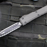 Microtech Ultratech OTF Knife- Double Edge- Tactical- Carbon Fiber Top Handle- Black Double Full Serrated Blade 122-D3 CFT