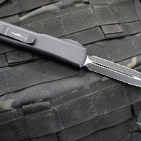 Microtech Ultratech OTF Knife- Double Edge- Tactical- Carbon Fiber Top Handle- Black Double Full Serrated Blade 122-D3 CFT