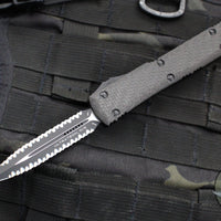 Microtech Ultratech OTF Knife- Double Edge- Tactical- Carbon Fiber Top Handle- Black Double Full Serrated Blade 122-D3 CFT V3