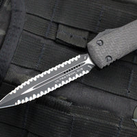 Microtech Ultratech OTF Knife- Double Edge- Tactical- Carbon Fiber Top Handle- Black Double Full Serrated Blade 122-D3 CFT V3