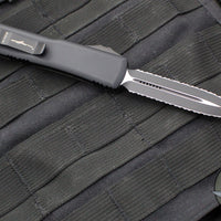 Microtech Ultratech OTF Knife- Double Edge- Tactical- Carbon Fiber Top Handle- Black Double Full Serrated Blade 122-D3 CFT V4