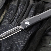 Microtech Ultratech OTF Knife- Double Edge- Tactical- Black Handle- Black Double Full Serrated Blade 122-D3 T