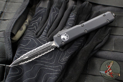 Microtech Ultratech OTF Knife- Double Edge- Tactical- Black Handle- Black Double Full Serrated Blade 122-D3 T