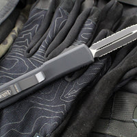 Microtech Ultratech OTF Knife- Double Edge- Tactical- Black Handle- Black Double Full Serrated Blade 122-D3 T