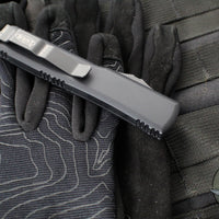 Microtech Ultratech OTF Knife- Double Edge- Tactical- Black Handle- Black Double Full Serrated Blade 122-D3 T