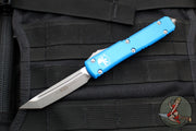 Microtech Ultratech OTF Knife- Tanto Edge- Blue Handle- Apocalyptic Blade 123-10 APBL