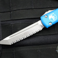 Microtech Ultratech OTF Knife- Tanto Edge- Blue Handle- Apocalyptic Full Serrated Blade 123-12 APBL