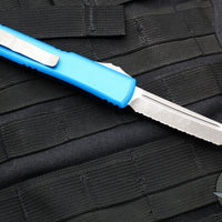Microtech Ultratech OTF Knife- Tanto Edge- Blue Handle- Apocalyptic Full Serrated Blade 123-12 APBL