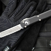 Microtech Ultratech OTF Knife- Tanto Edge- Black Handle- Stonewash Full Serrated Blade 123-12
