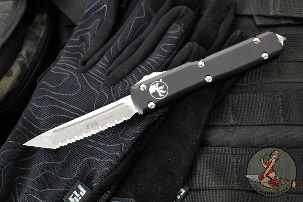 Microtech Ultratech OTF Knife- Tanto Edge- Black Handle- Stonewash Full Serrated Blade 123-12