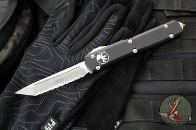 Microtech Ultratech OTF Knife- Tanto Edge- Black Handle- Stonewash Full Serrated Blade 123-12