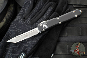 Microtech Ultratech OTF Knife- Tanto Edge- Black Handle- Stonewash Full Serrated Blade 123-12
