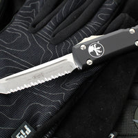 Microtech Ultratech OTF Knife- Tanto Edge- Black Handle- Stonewash Full Serrated Blade 123-12