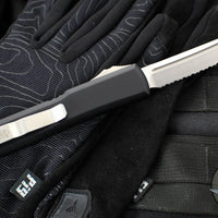 Microtech Ultratech OTF Knife- Tanto Edge- Black Handle- Stonewash Full Serrated Blade 123-12