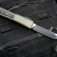 Microtech Ultratech OTF Knife- Tanto Edge- Hex Pattern Weathered OD Green Handle- Distressed Black Blade 123-1 HXWODS