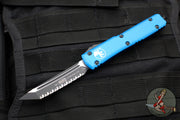 Microtech Ultratech OTF Knife- Tanto Edge- Blue Handle- Black Full Serrated Blade 123-3 BL